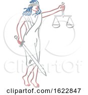 Poster, Art Print Of Blindfolded Lady Justice Holding A Sword And Scale Neon Light Style