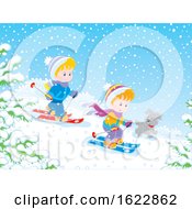 Poster, Art Print Of Puppy Running With Children Skiing