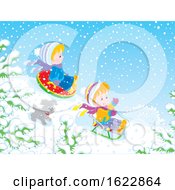 Poster, Art Print Of Puppy Running With Children Sledding And Snow Tubing