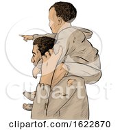 Migrant Father Carrying His Pointing Son On His Shoulders