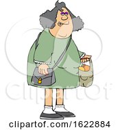 Poster, Art Print Of Cartoon Chubby White Woman Carrying A Shopping Bag Full Of Apples And Oranges