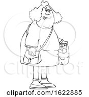 Poster, Art Print Of Cartoon Black And White Chubby Woman Carrying A Shopping Bag Full Of Apples And Oranges