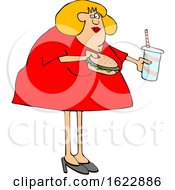 Cartoon Chubby White Woman Eating A Burger And Holding A Soda