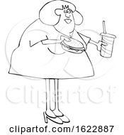 Cartoon Black And White Chubby Woman Eating A Burger And Holding A Soda