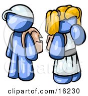 Blue Boy Wearing A Hat And Carrying A Backpack Standing Beside A Blond Blue Girl In A Dress Who Is Also Carrying A Backpack And Holding Her Hand By Her Mouth by Leo Blanchette