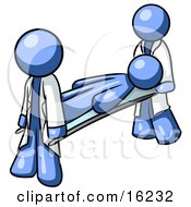 Injured Blue Man Being Carried On A Gurney To An Ambulance Or Into The Hospital By Two Paramedics After An Accident Or Health Problem Clipart Graphic