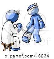 Blue Male Doctor In A Lab Coat Sitting On A Stool And Bandaging A Blue Person That Has Been Hurt On The Head Arm And Ankle Clipart Graphic by Leo Blanchette #COLLC16234-0020
