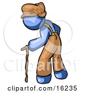 Old Senior Blue Man Hunged Over And Walking With The Assistance Of A Cane Clipart Graphic