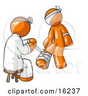 Orange Male Doctor In A Lab Coat Sitting On A Stool And Bandaging An Orange Person That Has Been Hurt On The Head Arm And Ankle Clipart Graphic by Leo Blanchette #COLLC16237-0020