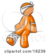 Injured Orange Man Sitting In The Emergency Room After Being Bandaged Up On The Head Arm And Ankle Following An Accident Clipart Graphic