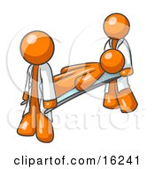 Injured Orange Man Being Carried On A Gurney To An Ambulance Or Into The Hospital By Two Paramedics After An Accident Or Health Problem Clipart Graphic