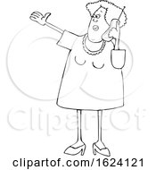 Cartoon Black And White Senior Woman Gesturing And Talking On A Cell Phone