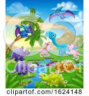 Poster, Art Print Of Dinosaur Cartoon Prehistoric Landscape Scene