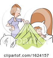 Cartoon White Mother Waking Up Her Sleepy Son