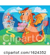 Poster, Art Print Of Dragon Holding A Cake Near A Castle