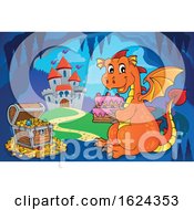 Poster, Art Print Of Dragon Holding A Cake In A Cave Near A Castle