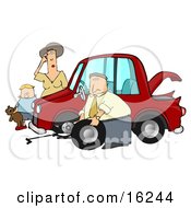 Poster, Art Print Of Little Boy Holding His Teddy Bear And Standing By A Worried Woman Sratcing Her Forehead And Watching As A Man Her Husband Or Stranger Changes The Flat Tire On Her Car