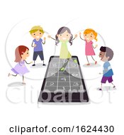 Poster, Art Print Of Stickman Kids Cellphone Play Hopscotch