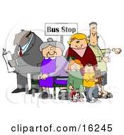 Old Lady Seated In A Chair At A Bus Stop Surrounded By A Group Of People Including A Man Reading A Newspaper Woman With Her Two Children And A Man Listening To An Mp3 Player