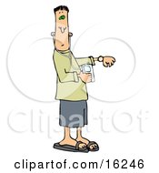 Poster, Art Print Of Rushed Young Caucasian Man In A Green Shirt Blue Shorts And Sandals Checking His Watch While Listening To Music On An Mp3 Player