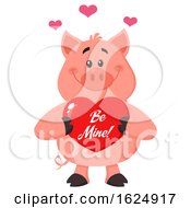 Poster, Art Print Of Happy Pig Holding A Be Mine Valentine Love Heart