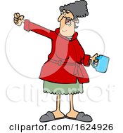 Cartoon Angry White Woman In A Robe Holding Coffee And Waving A Fist
