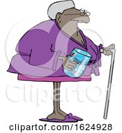 Cartoon Black Senior Woman With A Cane And Her Teeth In A Jar
