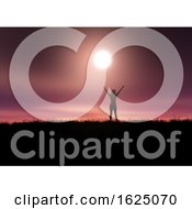 3D Female With Arms Raised In A Sunset Landscape