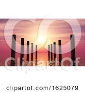 3D Wooden Posts In The Ocean Against A Sunset Sky