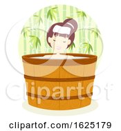 Girl Onsen Bath Barrel Outdoor Illustration