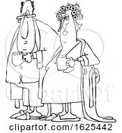 Poster, Art Print Of Cartoon Black And White Chubby Couple In Robes And Pjs Holding Their Morning Coffee Mugs