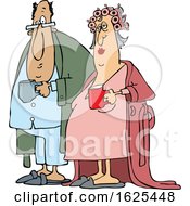 Cartoon Chubby White Couple In Robes And Pjs Holding Their Morning Coffee Mugs