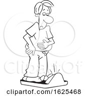Poster, Art Print Of Cartoon Black And White Man Standing On A Scale And Realizing He Gained Weight