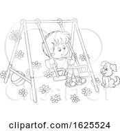 Poster, Art Print Of Black And White Puppy Watching A Boy Swing On A Playground