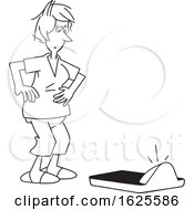 Poster, Art Print Of Cartoon Black And White Woman Contemplating On Weighing Herself