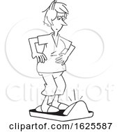 Poster, Art Print Of Cartoon Lineart Woman Standing On A Scale And Realizing She Gained Weight