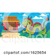 Poster, Art Print Of Green And Red Chinese Dragon Near A Temple