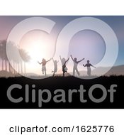 3D Silhouette Of Children Playing In A Sunset Landscape