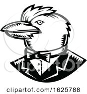 Poster, Art Print Of Kookaburra Wearing Tuxedo Woodcut Black And White