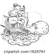 Poster, Art Print Of Kraken Attacking Sailing Ship Doodle Art