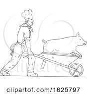 Poster, Art Print Of Chef With Wheelbarrow And Pig Drawing Black And White