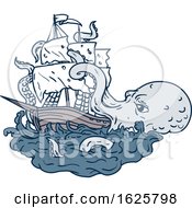Poster, Art Print Of Kraken Attacking Sailing Galleon Doodle Art Color