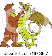 Poster, Art Print Of Chinese Dragon Fighting Grizzly Bear Drawing Color