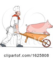 Poster, Art Print Of Chef Pushing Wheelbarrow And Pig Color Drawing