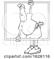 Cartoon Black And White Male Glazier Carrying A Glass Window