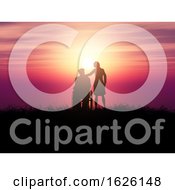 3D Silhouette Of A Man In A Wheelchair With A Woman Against A Sunset Landscape