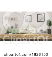 Poster, Art Print Of 3d Wooden Table Looking Out To A Defocussed Modern Living Room