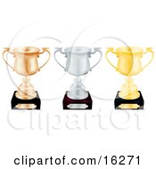 Three Trophy Cups Bronze Silver And Gold Lined Up In A Row Over A White Background