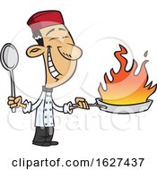 Cartoon Happy Asian Chef Holding A Flaming Wok
