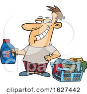 Cartoon Grinning Laundry Lord Man Holding Detergent By A Basket